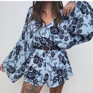 Floral Blue and Black Romper